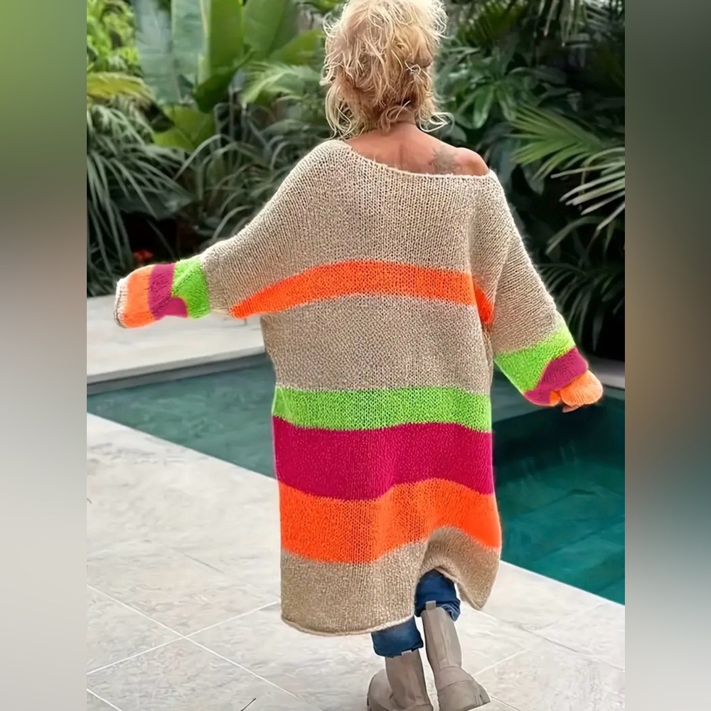 Oversized Bohemian Knit Crochet Peace Pattern Color Block Loose Sweater Dress - Picture 3 of 5